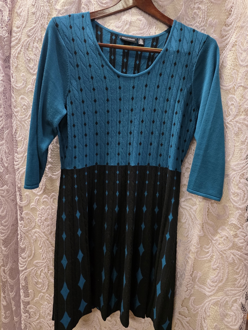 Nina Leonard Teal and Black Midi Dress